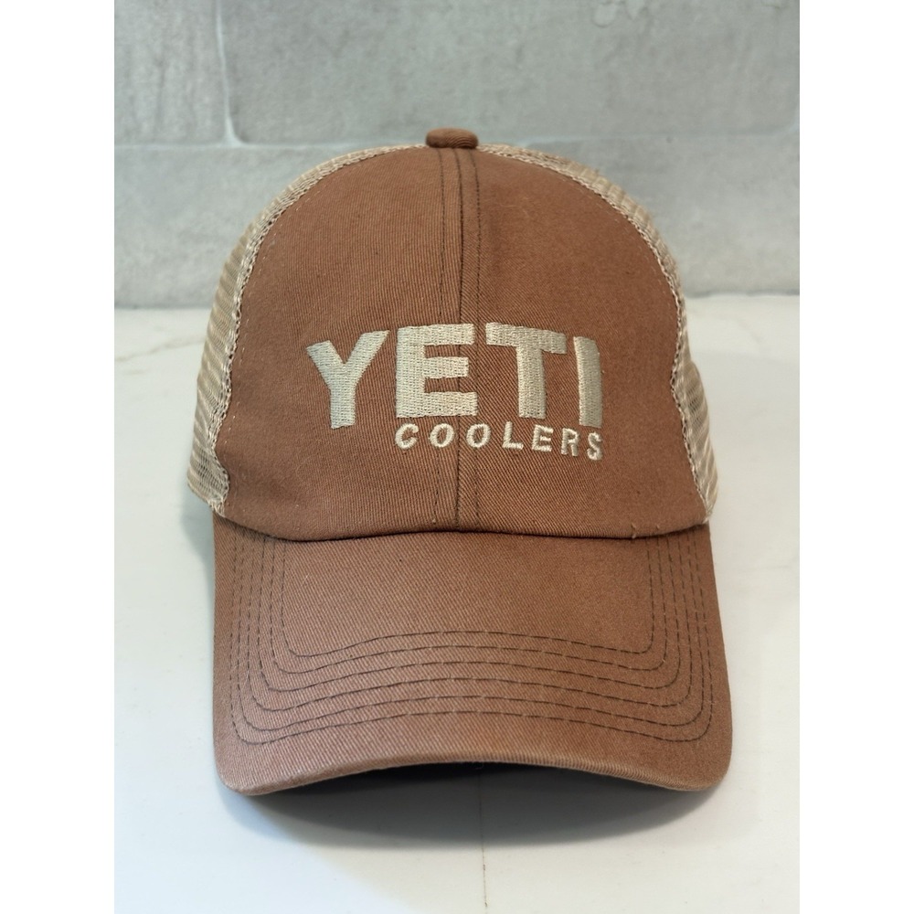 Yeti Coolers Snap Back Hat Cap Tan Adjustable Hunting Fishing Outdoor Logo Mesh